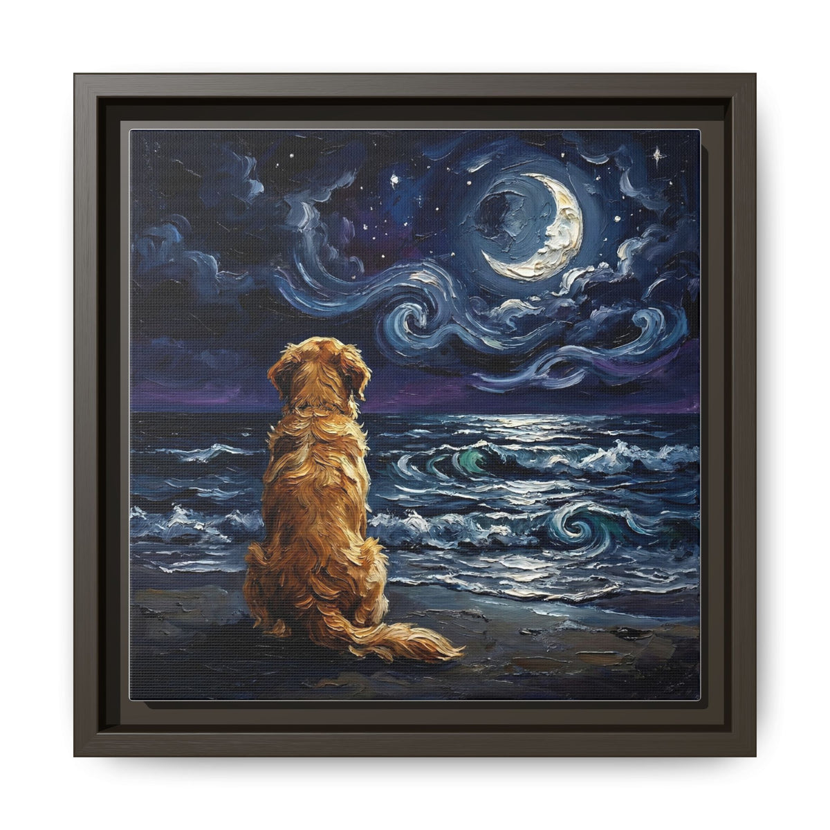 "Beach Night - Golden Retriever" Framed Canvas Wall Art
