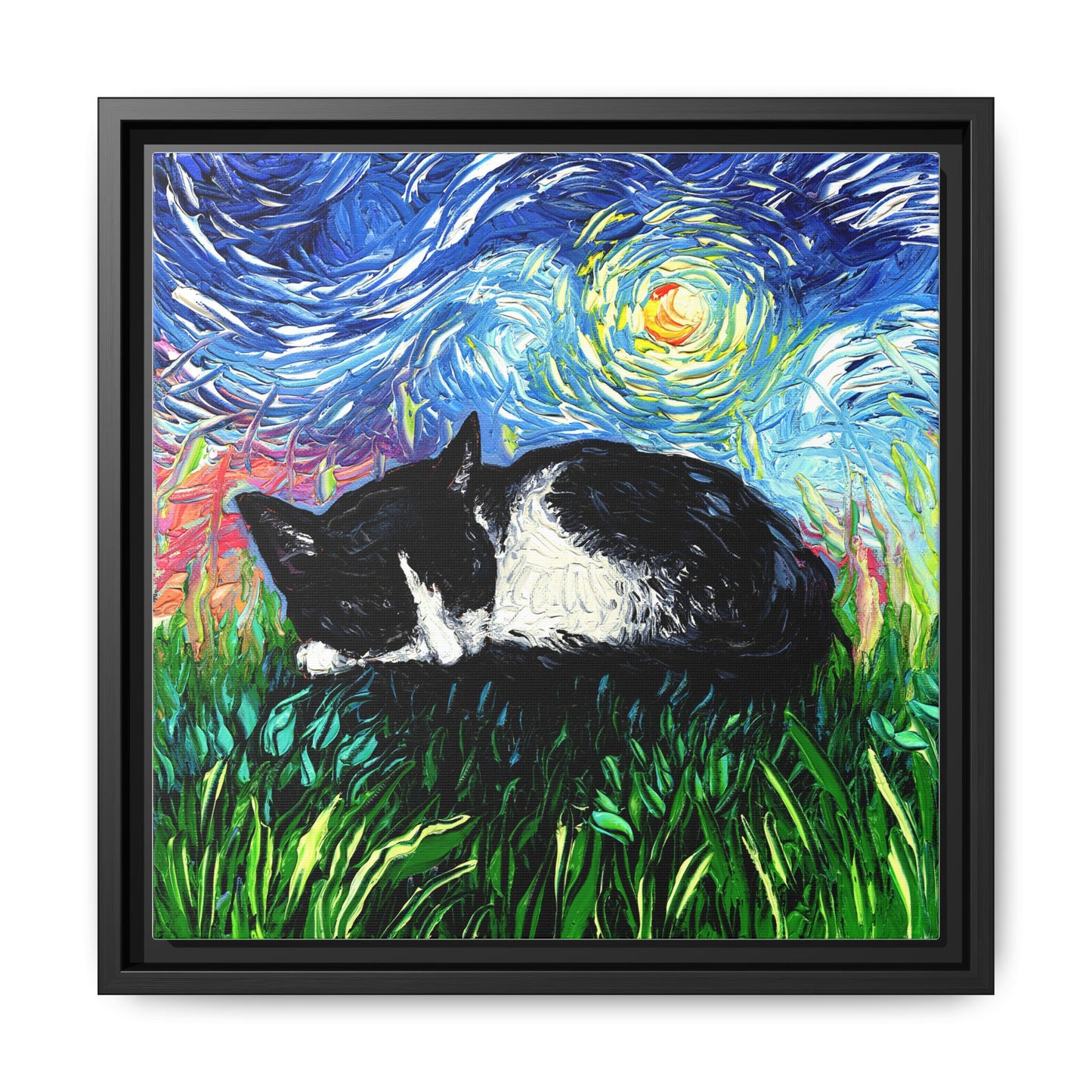 "Sleepy Tuxedo Kitten" Framed Canvas Wall Art
