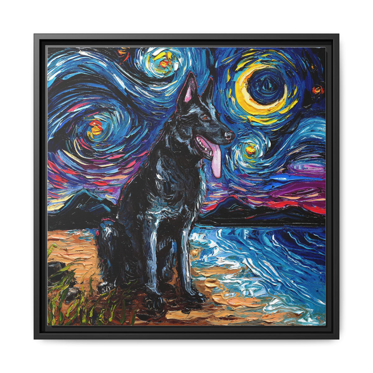"Black German Shepherd Night" Framed Canvas Wall Art