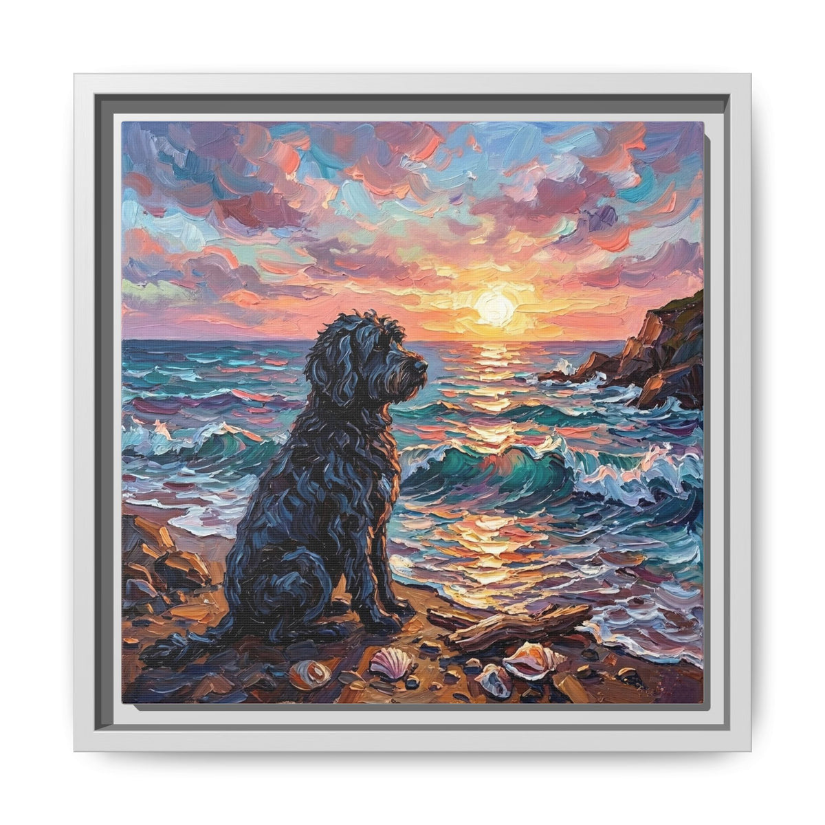 "Beach Days - Portuguese Water Dog" Framed Canvas Wall Art
