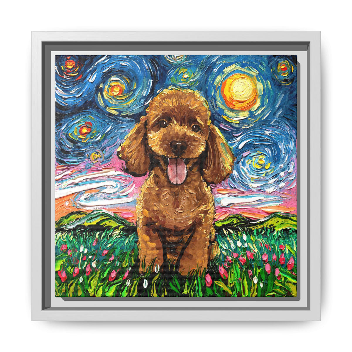 "Apricot Poodle Puppy Night" Framed Canvas Wall Art