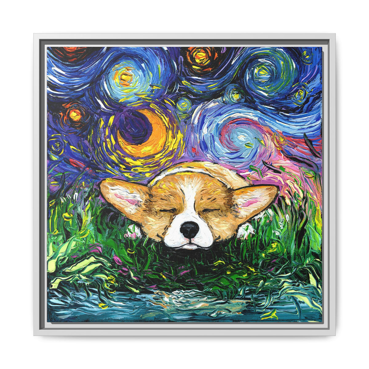 "Sleepy Corgi Night" Framed Canvas Wall Art