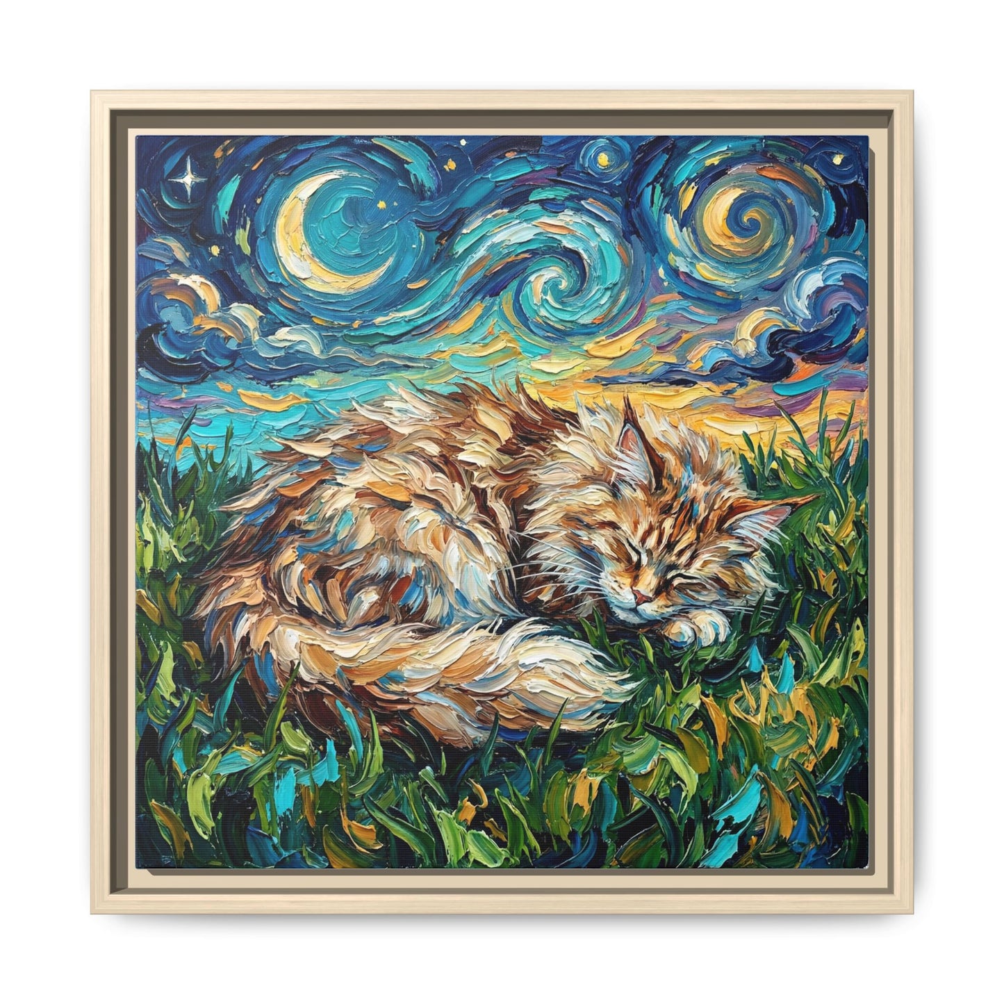 "Sleepy Maine Coon Night" Framed Canvas Wall Art