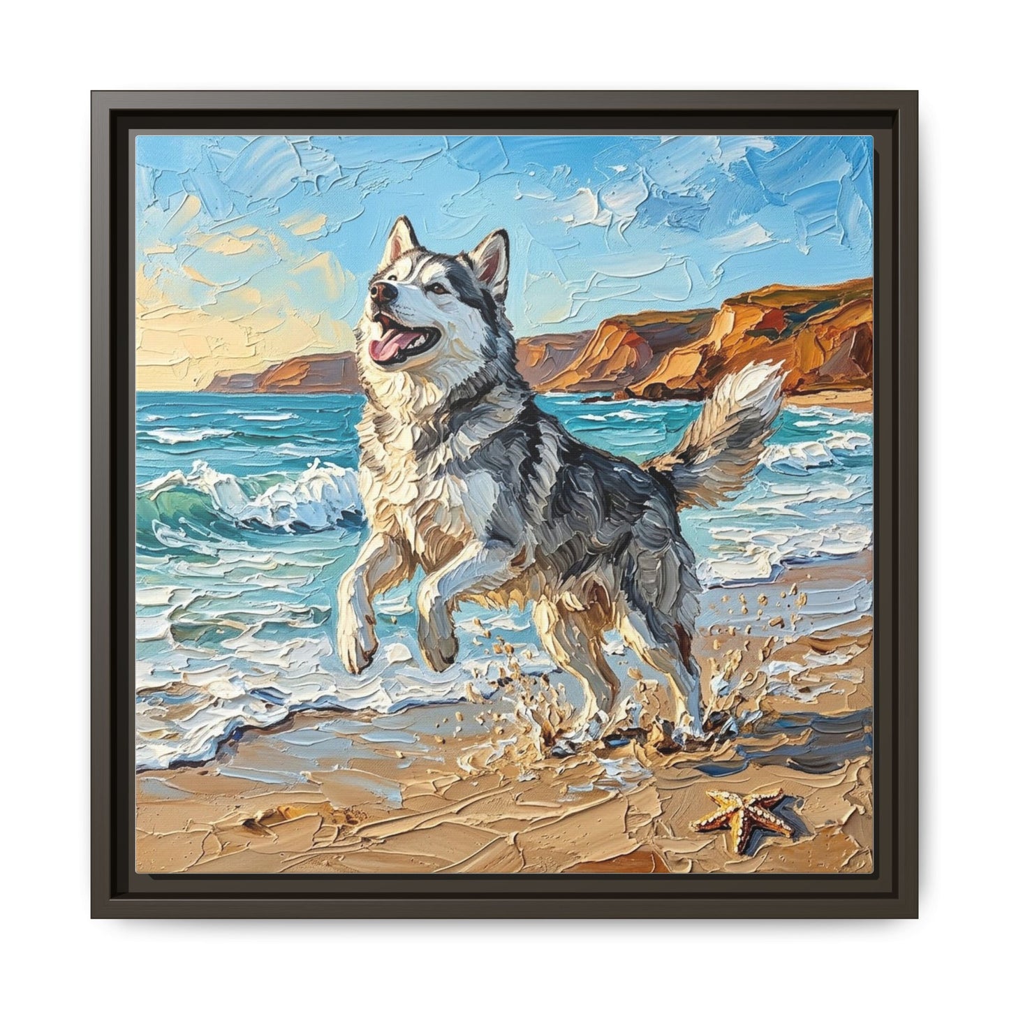 "Beach Day - Husky" Framed Canvas Wall Art