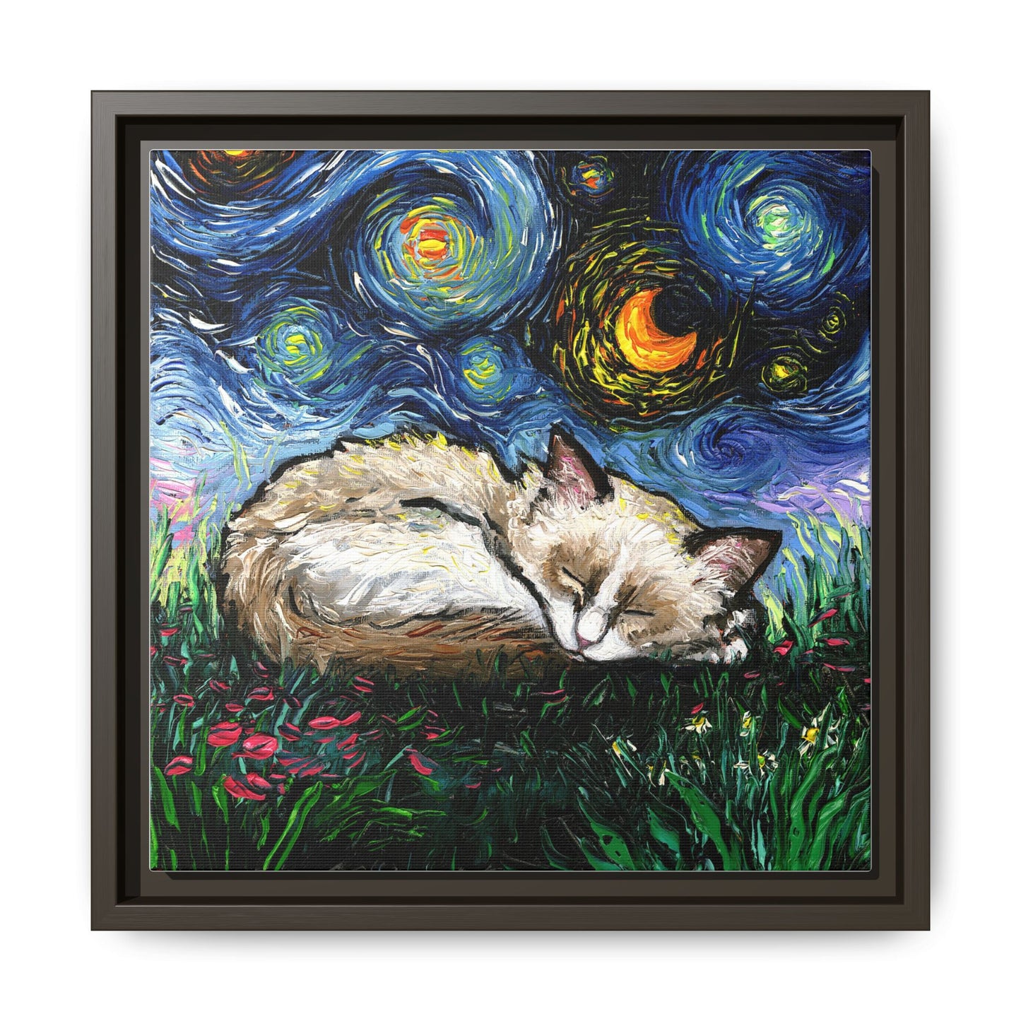 "Sleepy Ragdoll Kitten Night" Framed Canvas Wall Art