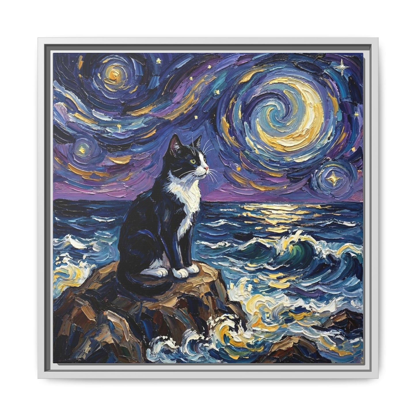 "Beach Night - Tuxedo Cat" Framed Canvas Wall Art