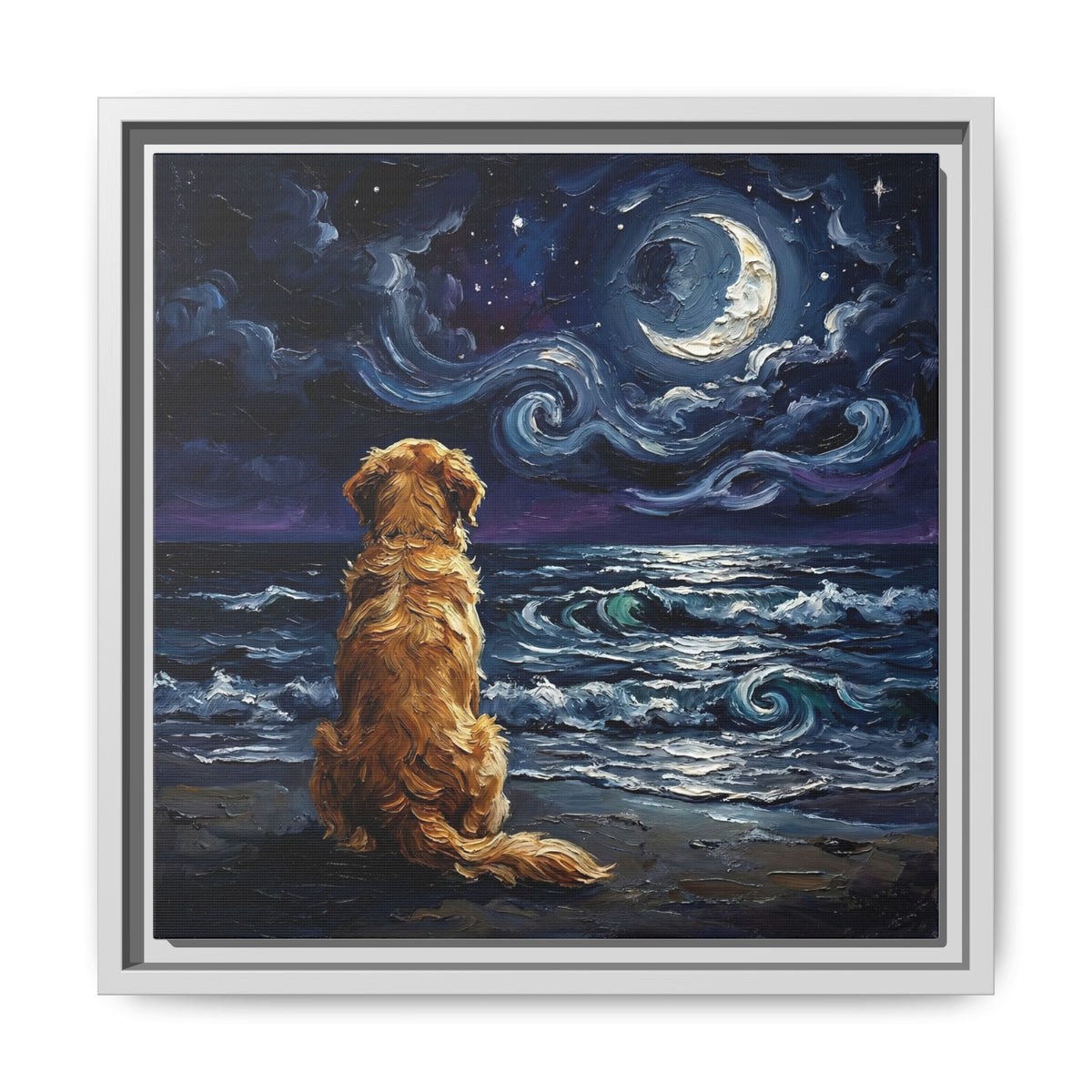 "Beach Night - Golden Retriever" Framed Canvas Wall Art