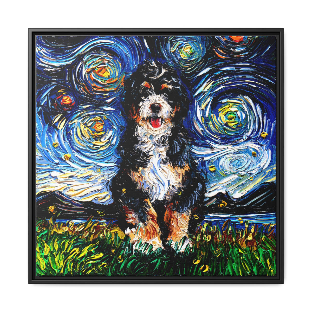 "Bernedoodle Night" Framed Canvas Wall Art