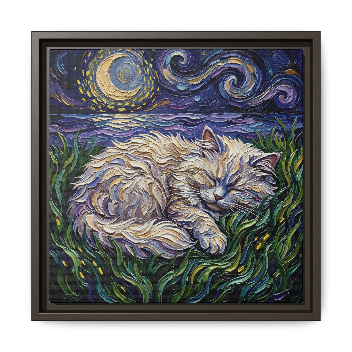 "Sleepy White Persian Night" Framed Canvas Wall Art
