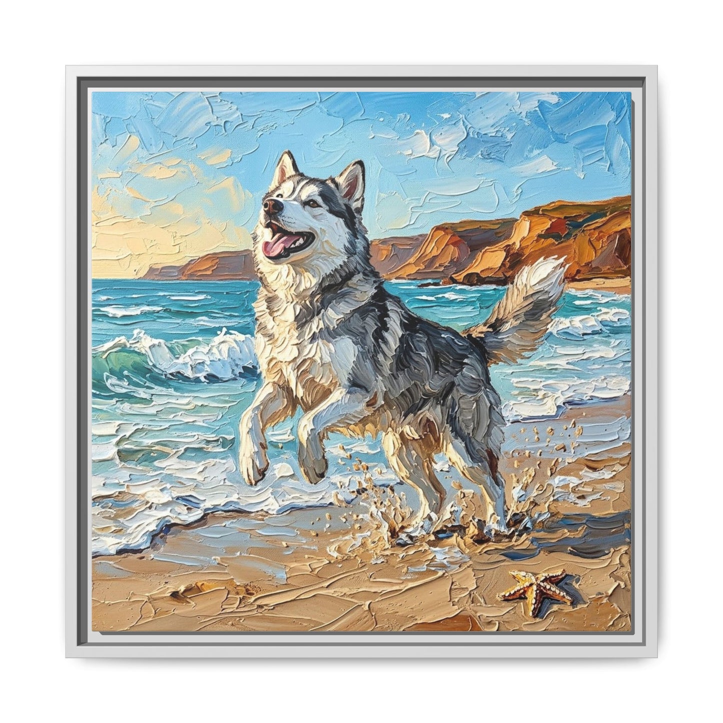 "Beach Day - Husky" Framed Canvas Wall Art
