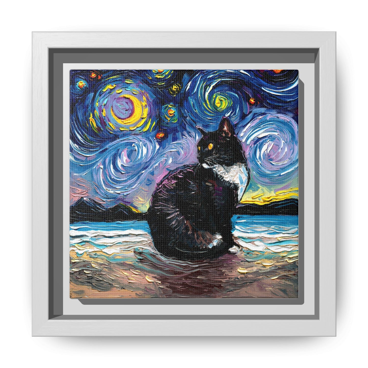 "Tuxedo Cat Night 2" Framed Canvas Wall Art
