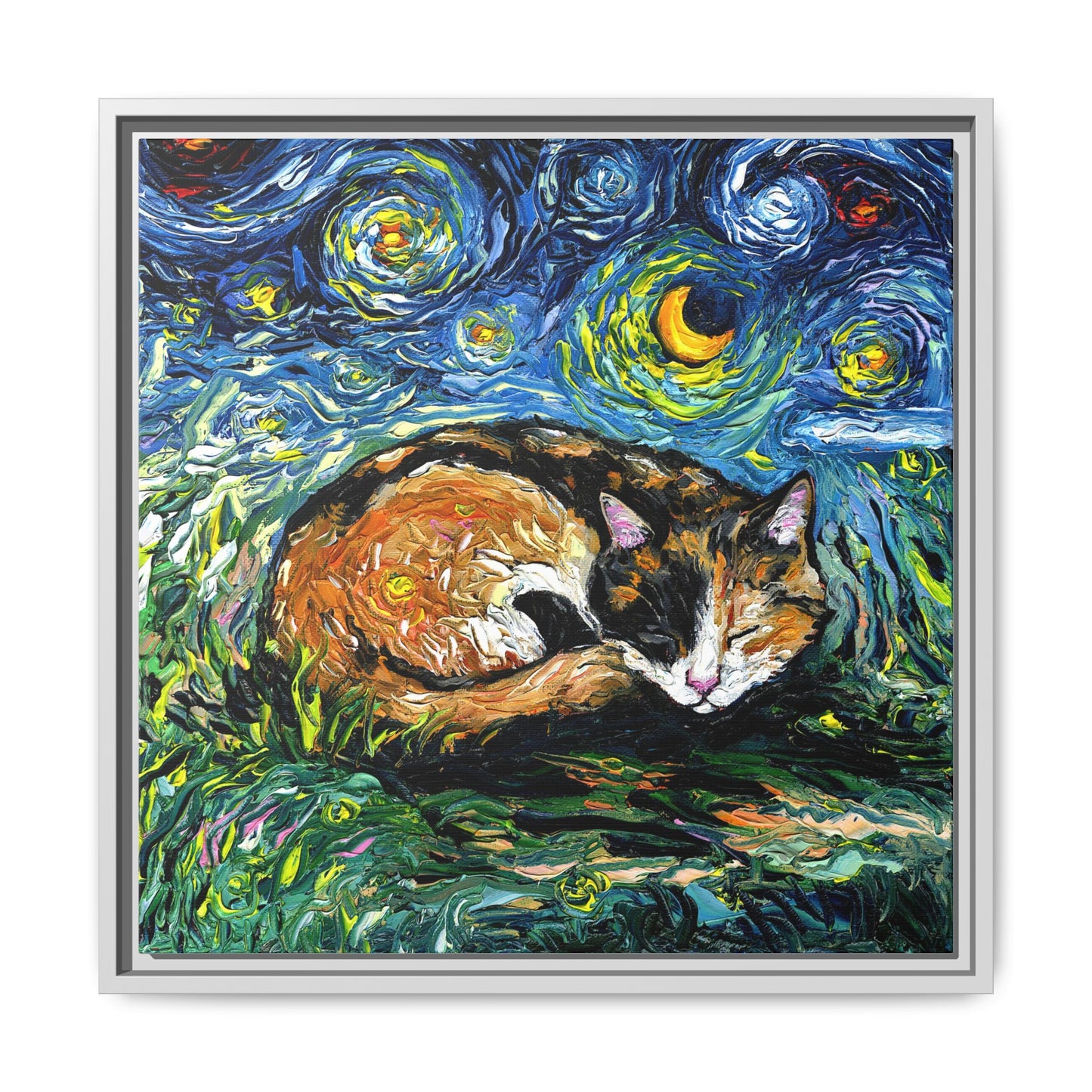 "Sleepy Calico Night" Framed Canvas Wall Art