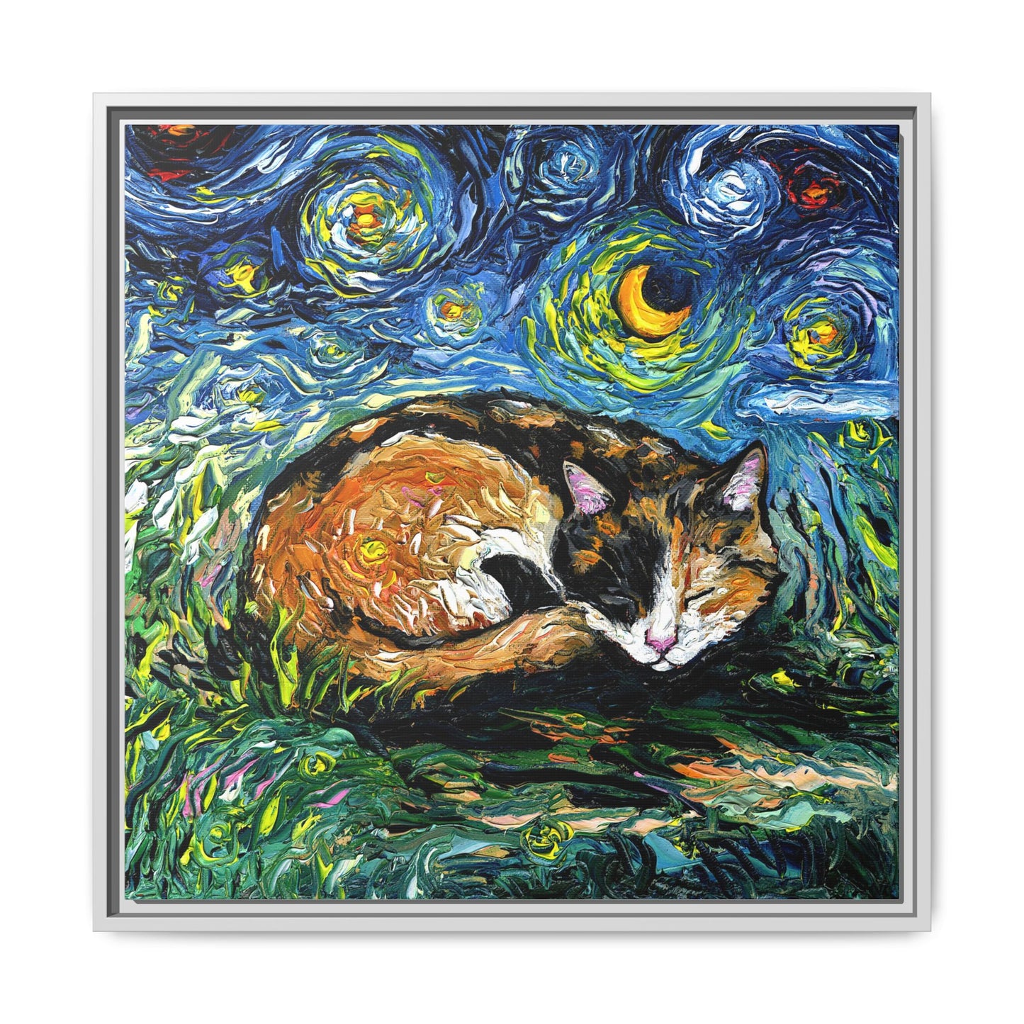 "Sleepy Calico Night" Framed Canvas Wall Art