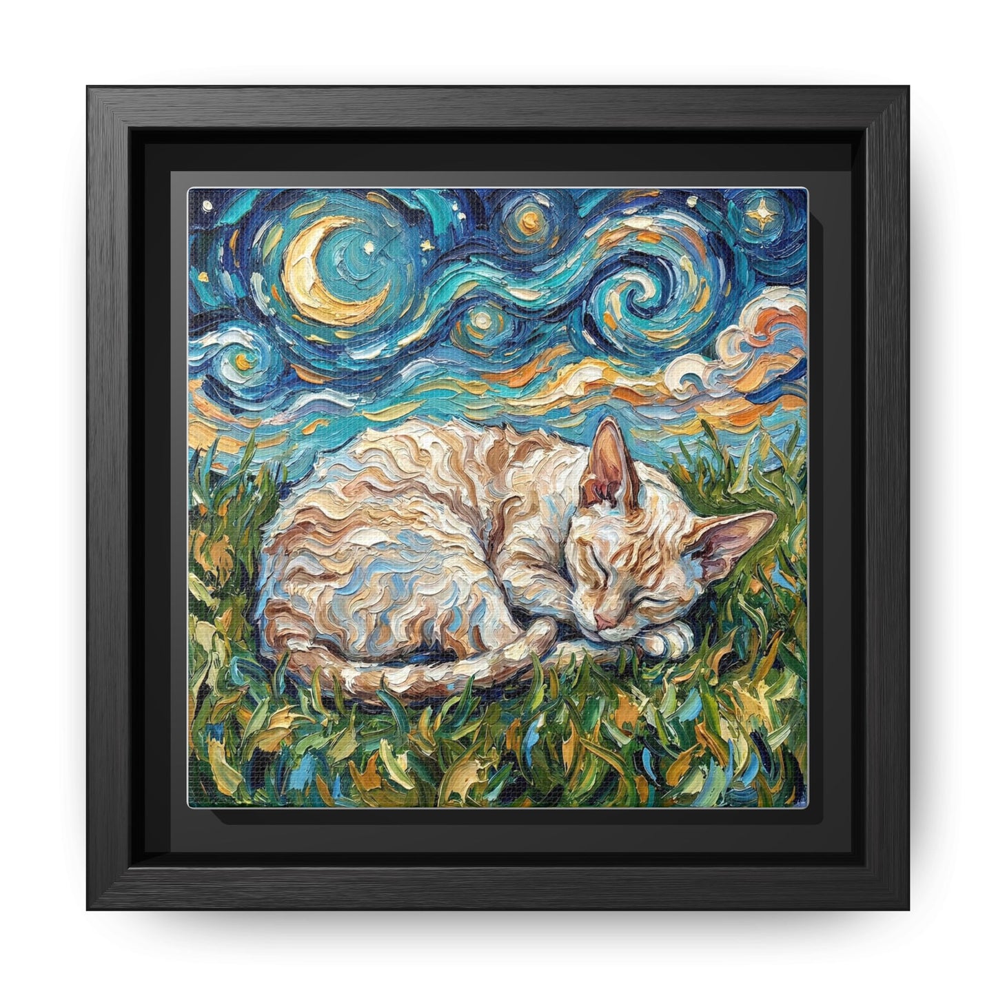 "Sleepy Cornish Rex Night" Framed Canvas Wall Art