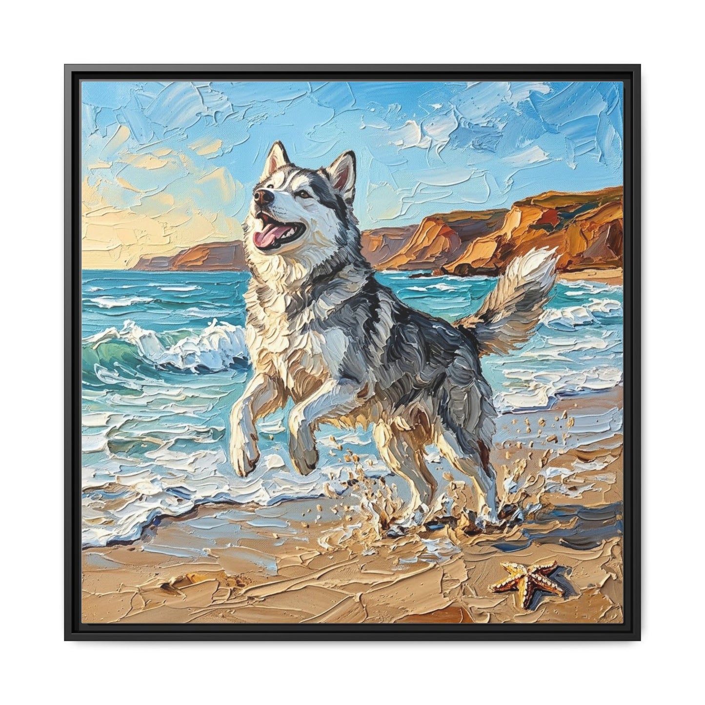 "Beach Day - Husky" Framed Canvas Wall Art