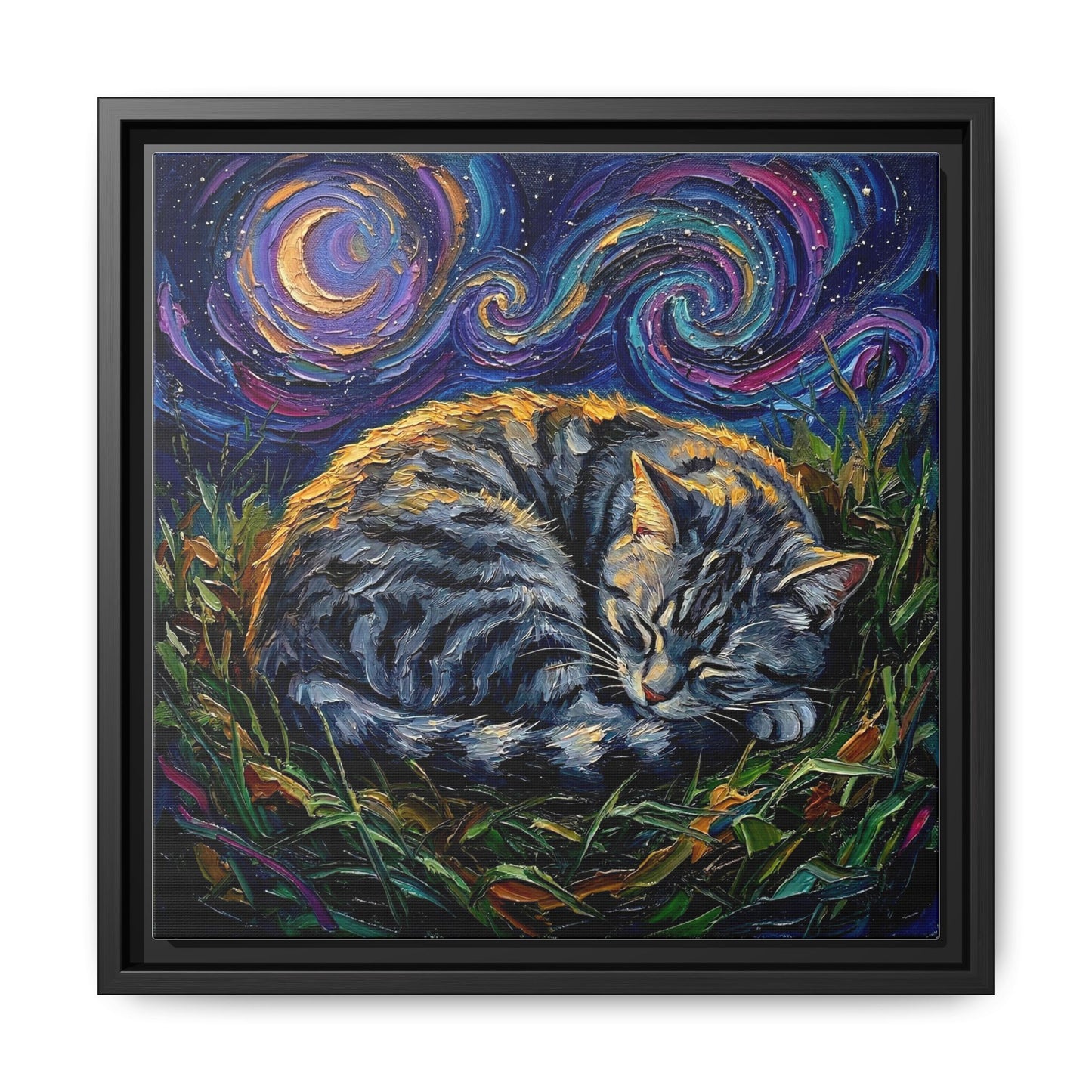 "Sleepy American Shorthair Tabby Night" Framed Canvas Wall Art