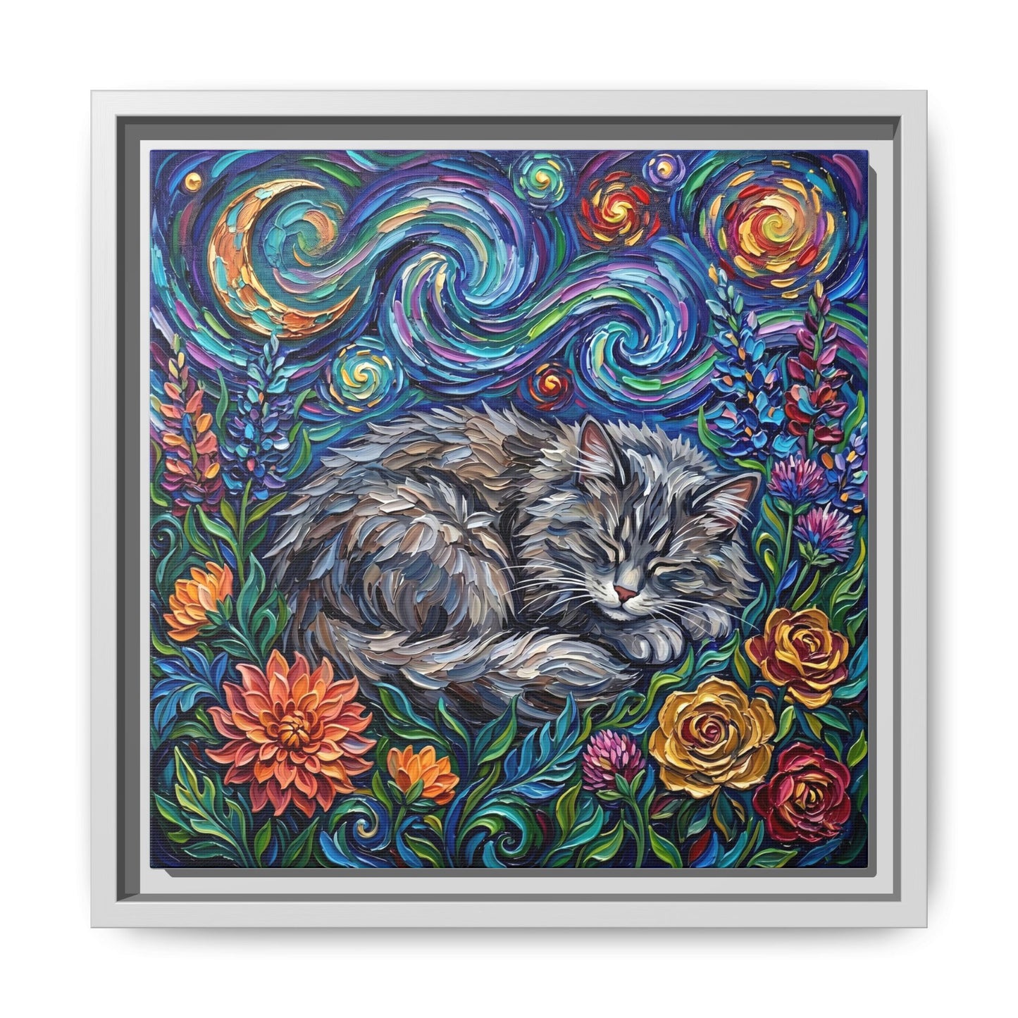 "Amongst The Flowers - Gray Domestic Long Haired Cat" Framed Canvas Wall Art