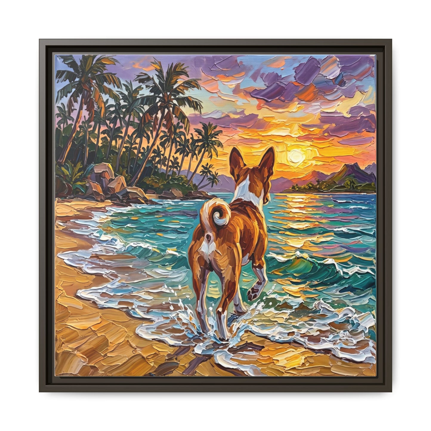 "Beach Day - Basenji" Framed Canvas Wall Art