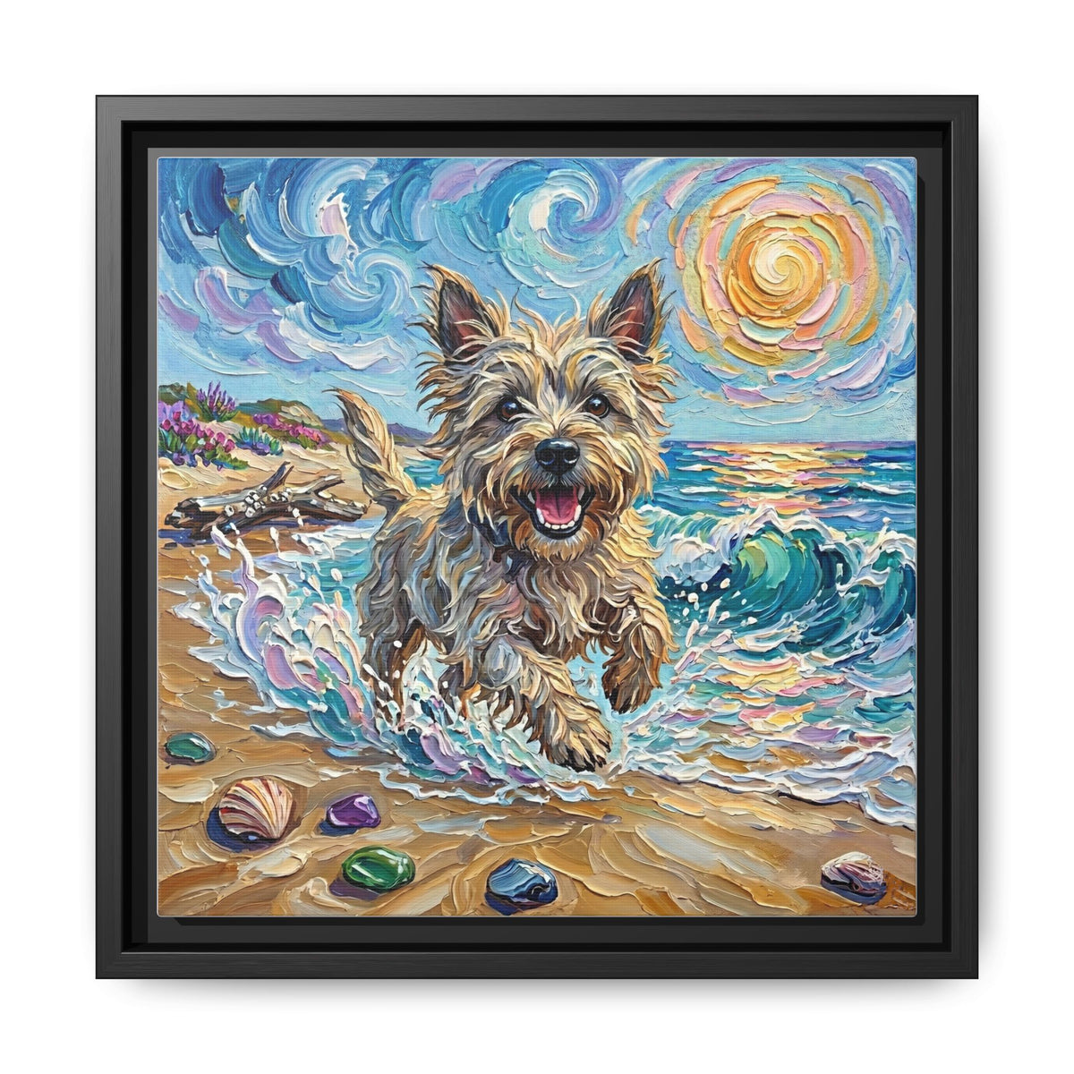 "Beach Days - Cairn Terrier" Framed Canvas Wall Art