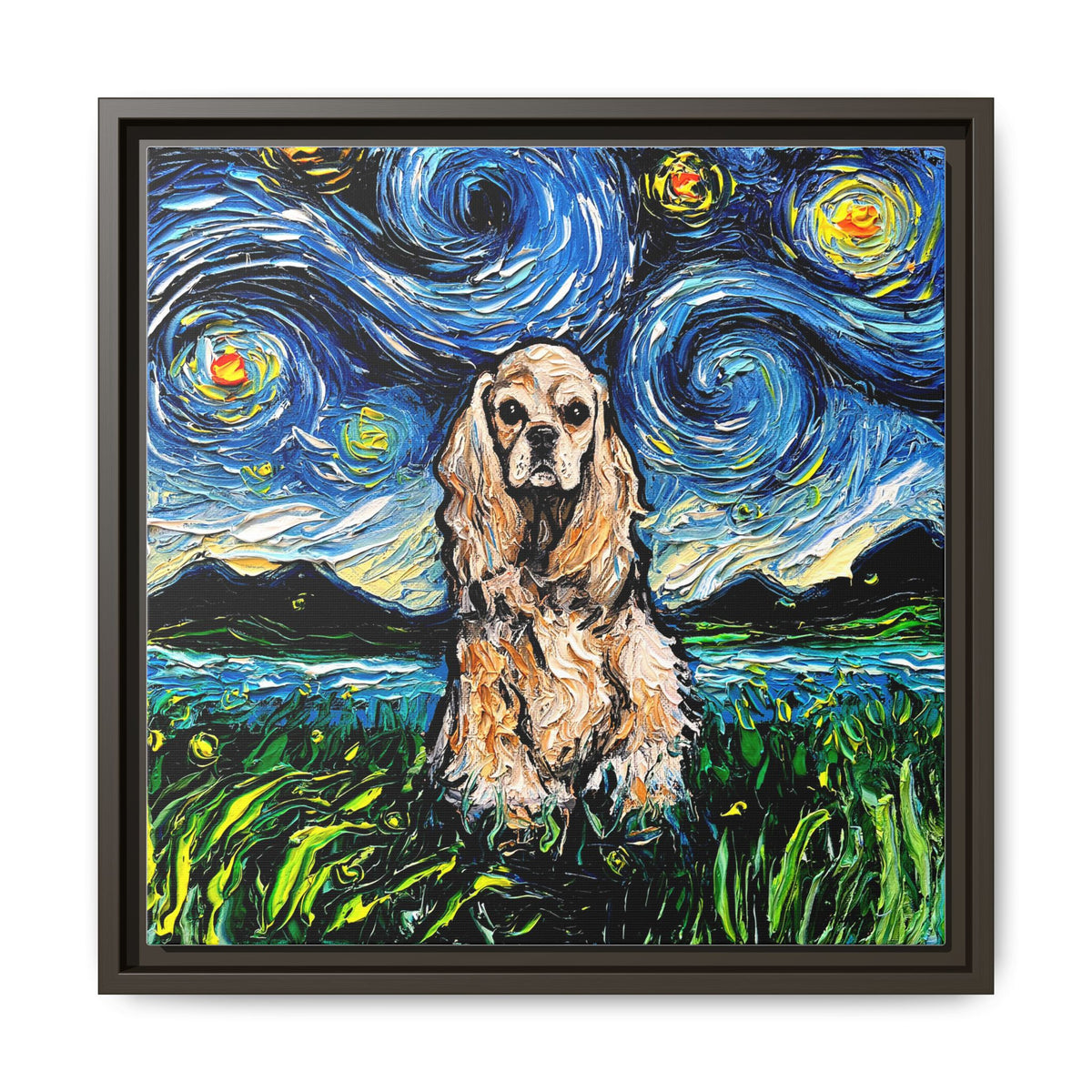 "Buff American Cocker Spaniel Night" Framed Canvas Wall Art