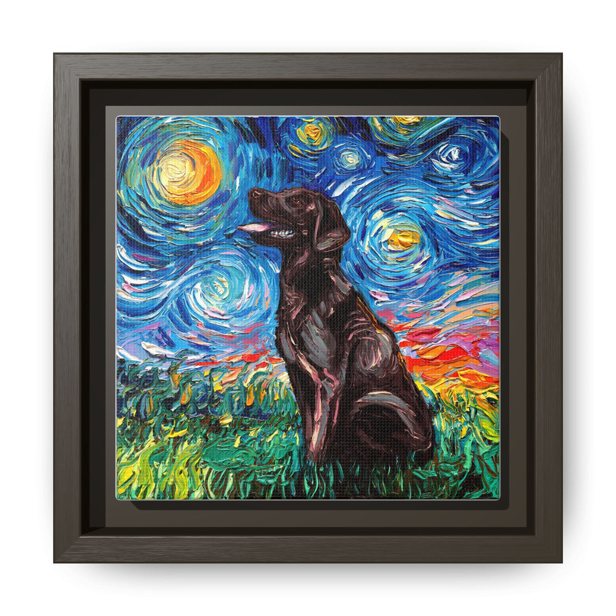 "Chocolate Labrador Night" Framed Canvas Wall Art