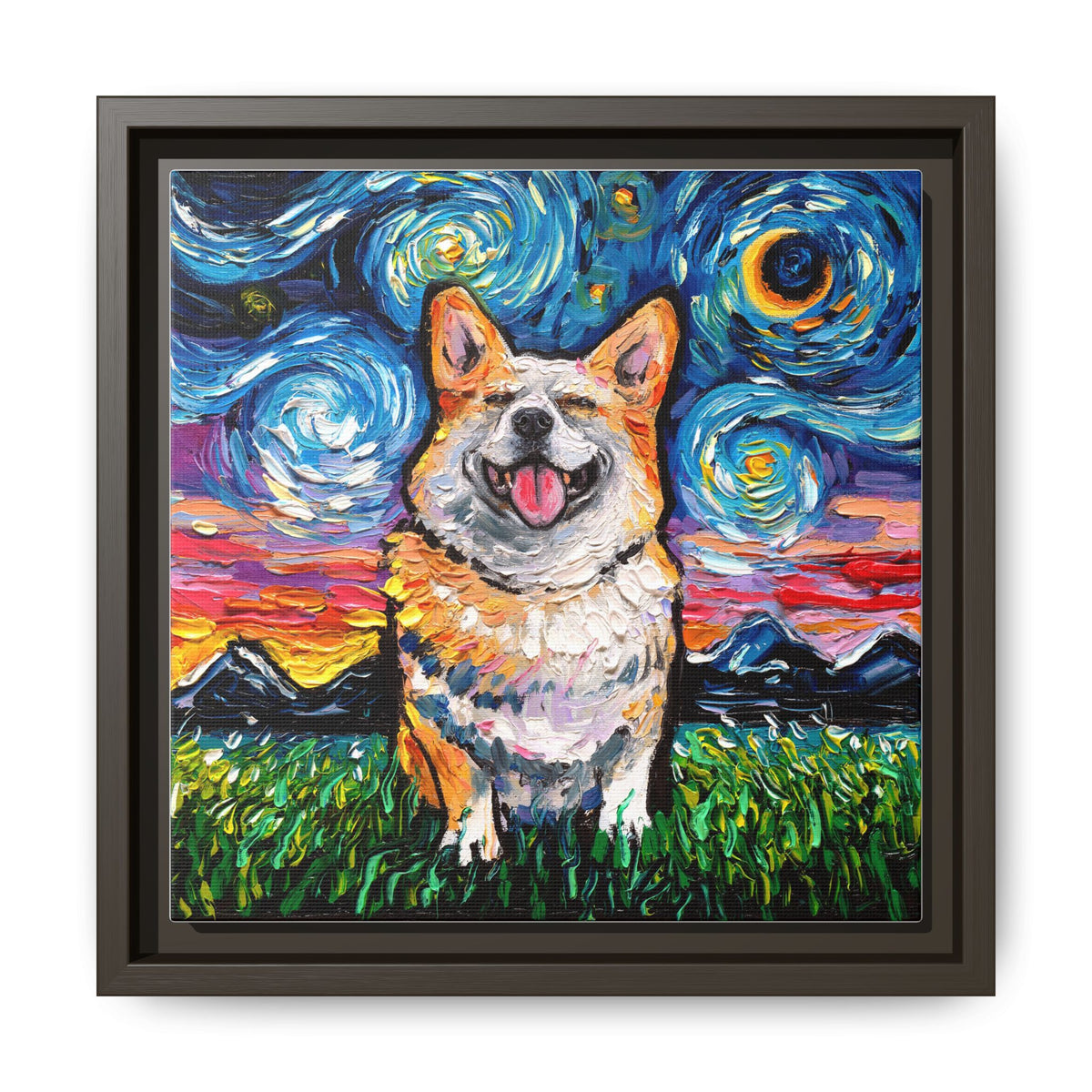 "Smiling Corgi Night" Framed Canvas Wall Art