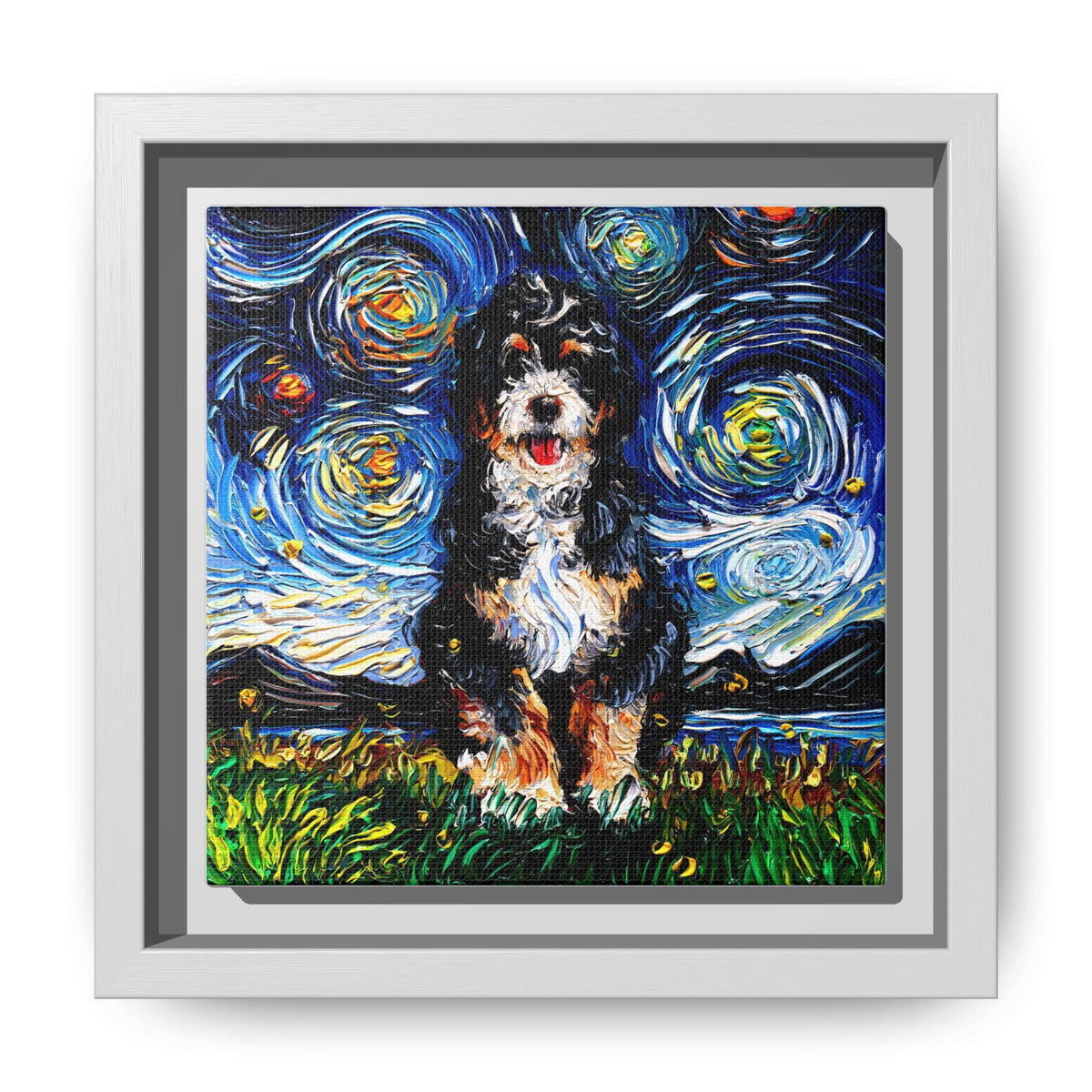 "Bernedoodle Night" Framed Canvas Wall Art