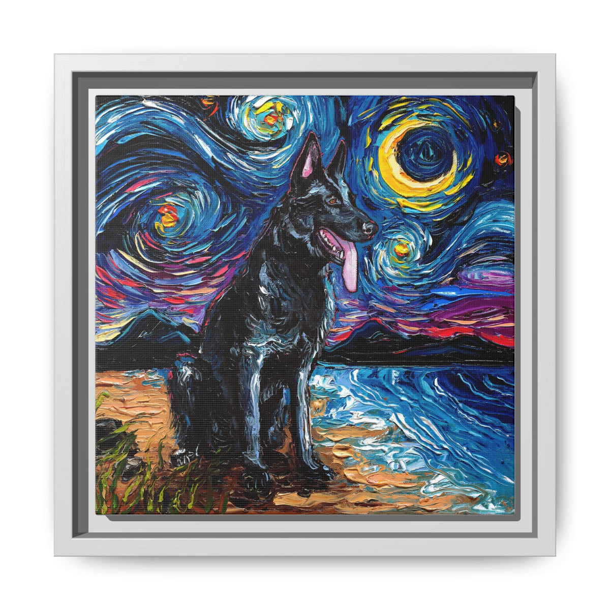 "Black German Shepherd Night" Framed Canvas Wall Art