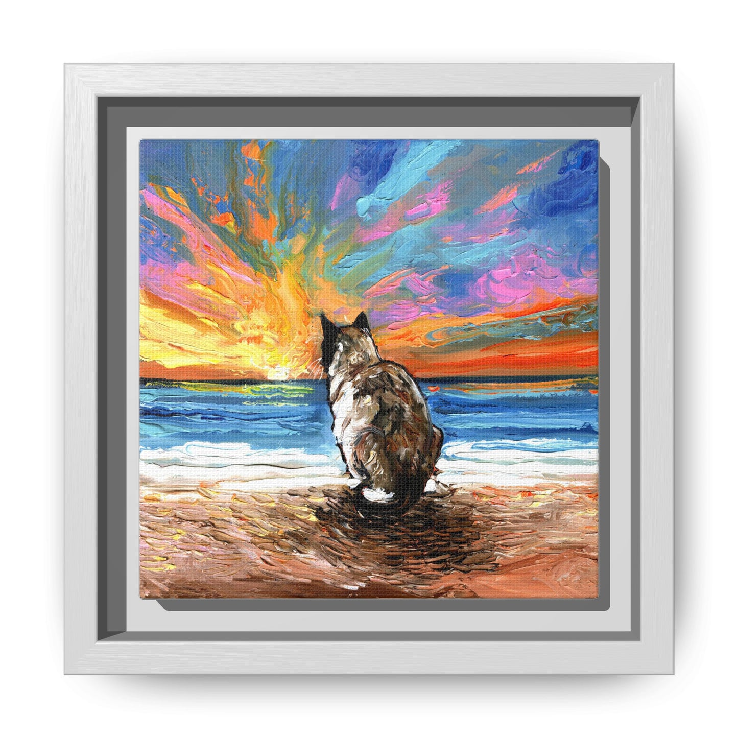 "Beach Day - Snowshoe Cat" Framed Canvas Wall Art