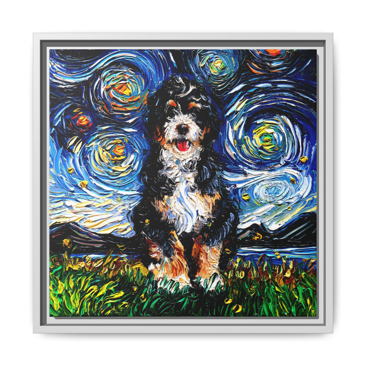 "Bernedoodle Night" Framed Canvas Wall Art