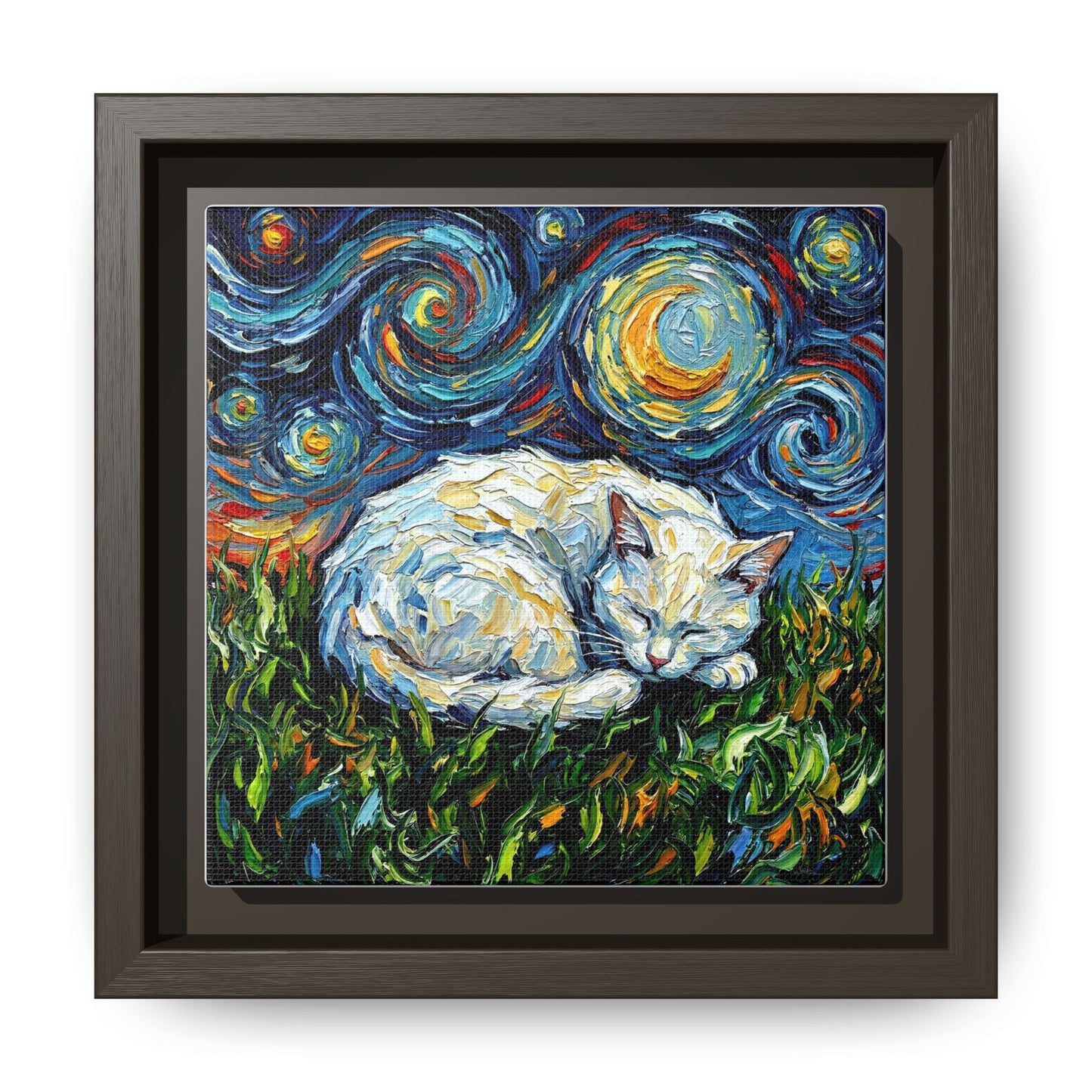 "Sleepy White Cat Night" Framed Canvas Wall Art