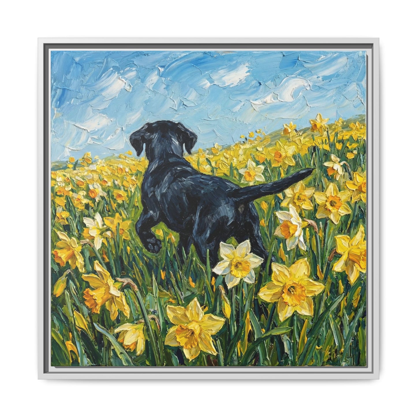 "Amongst The Flowers - Black Labrador" Framed Canvas Wall Art