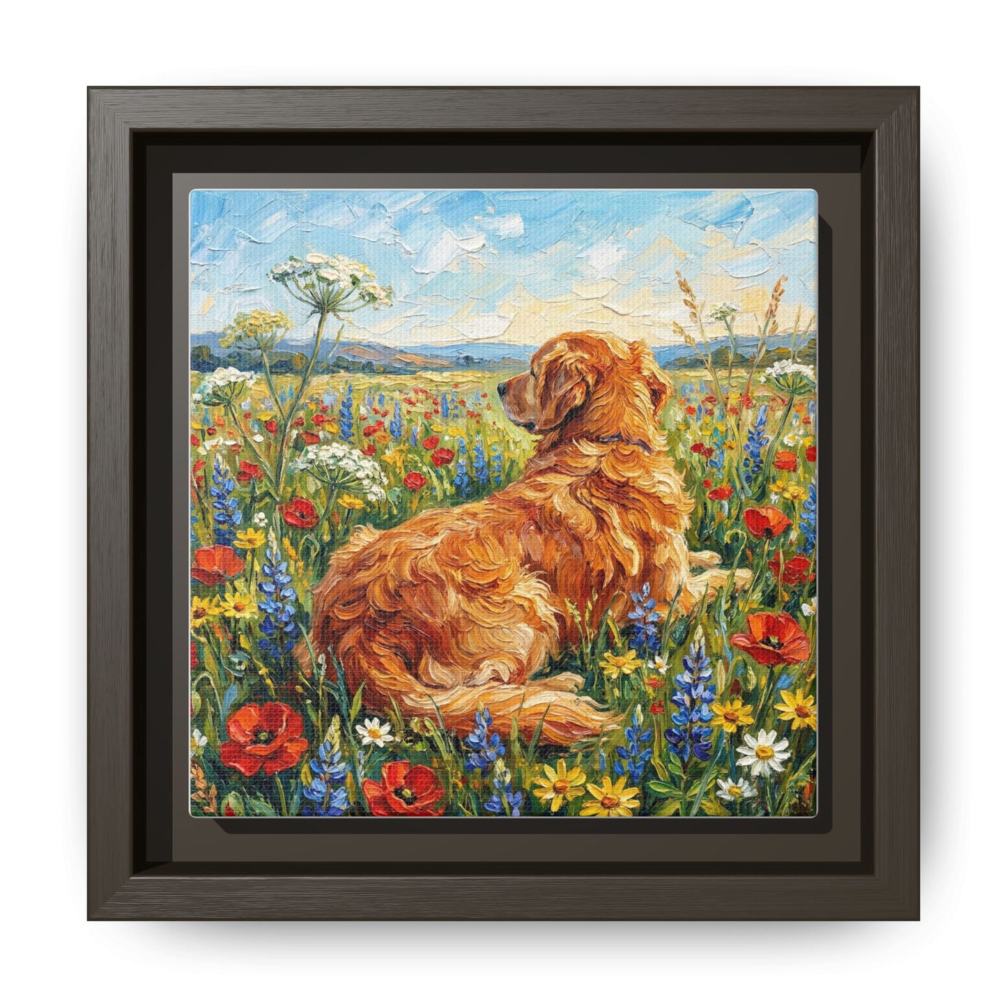 "Amongst The Flowers - Golden Retriever" Framed Canvas Wall Art