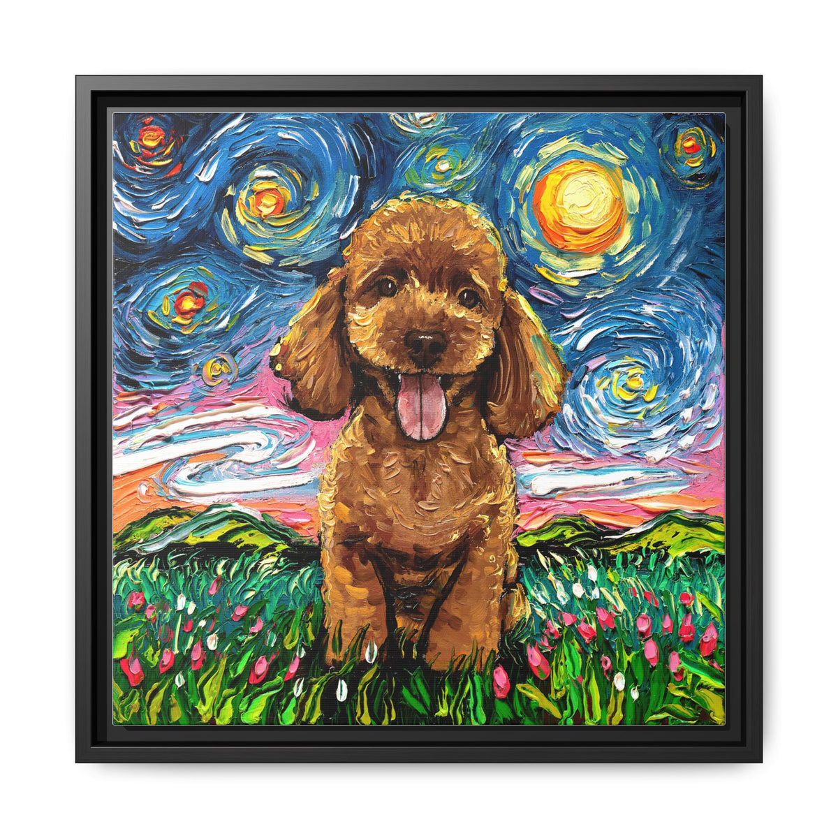 "Apricot Poodle Puppy Night" Framed Canvas Wall Art