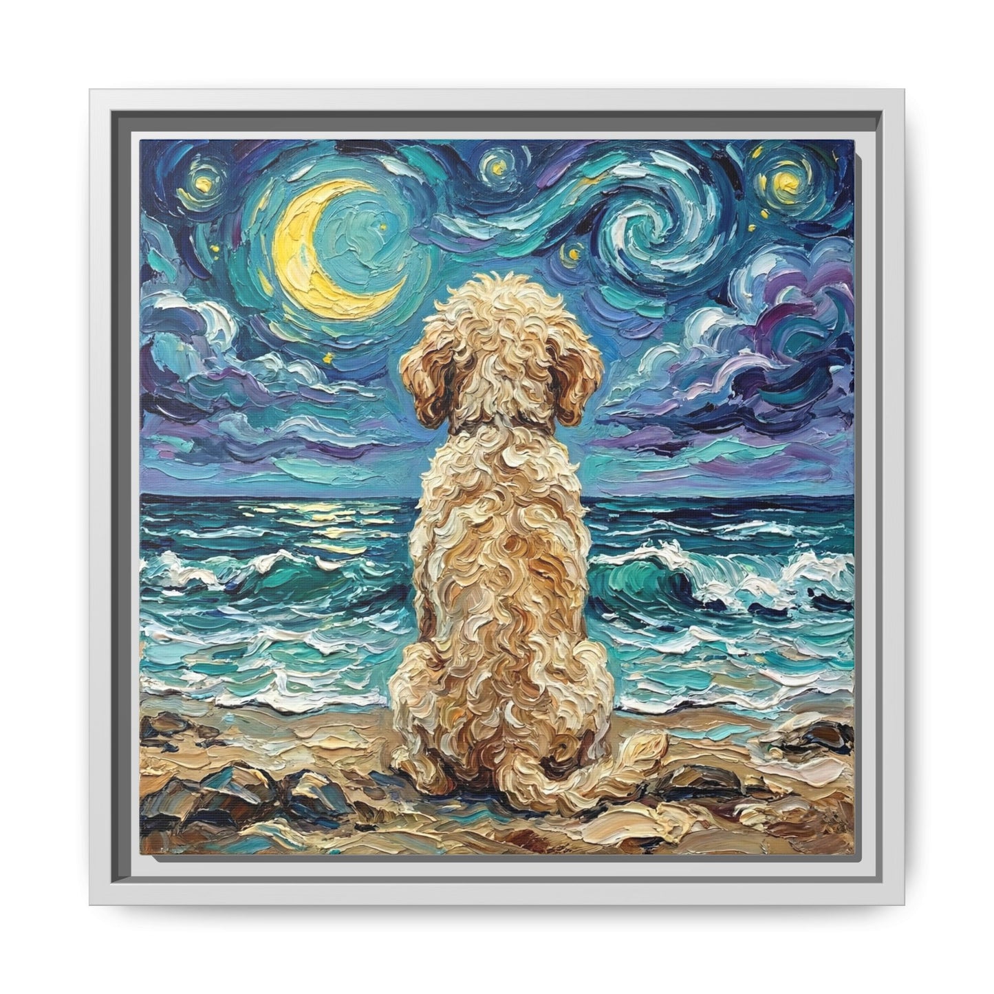 "Beach Nights - Goldendoodle" Framed Canvas Wall Art