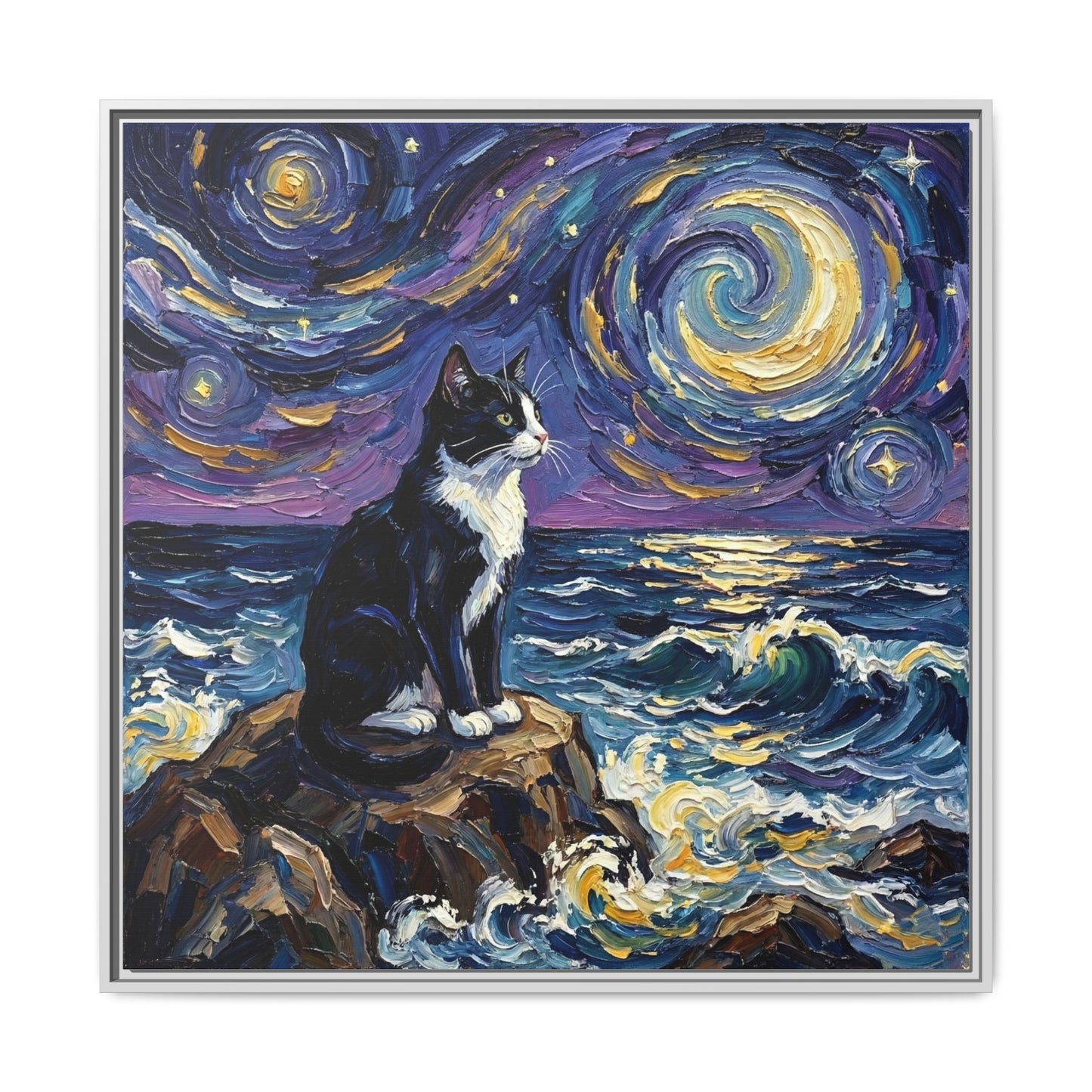 "Beach Night - Tuxedo Cat" Framed Canvas Wall Art