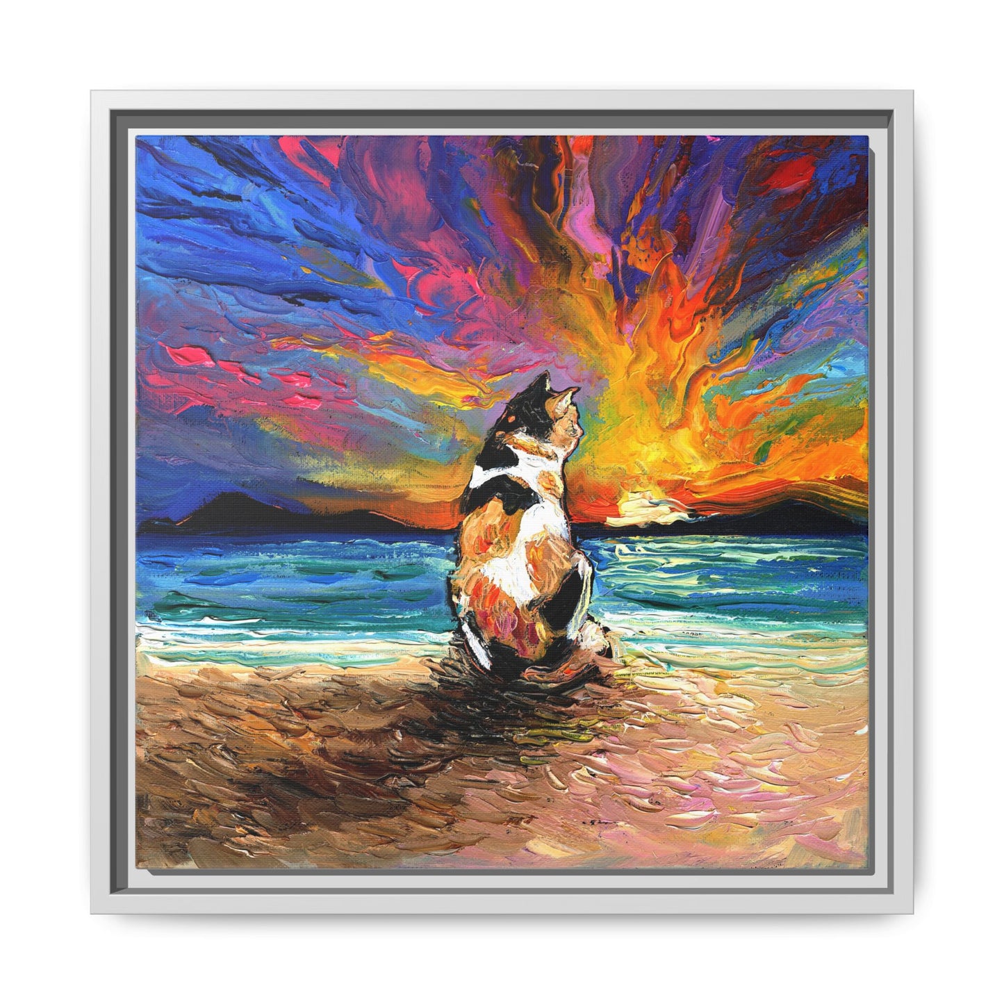 "Beach Day - Calico Cat" Framed Canvas Wall Art