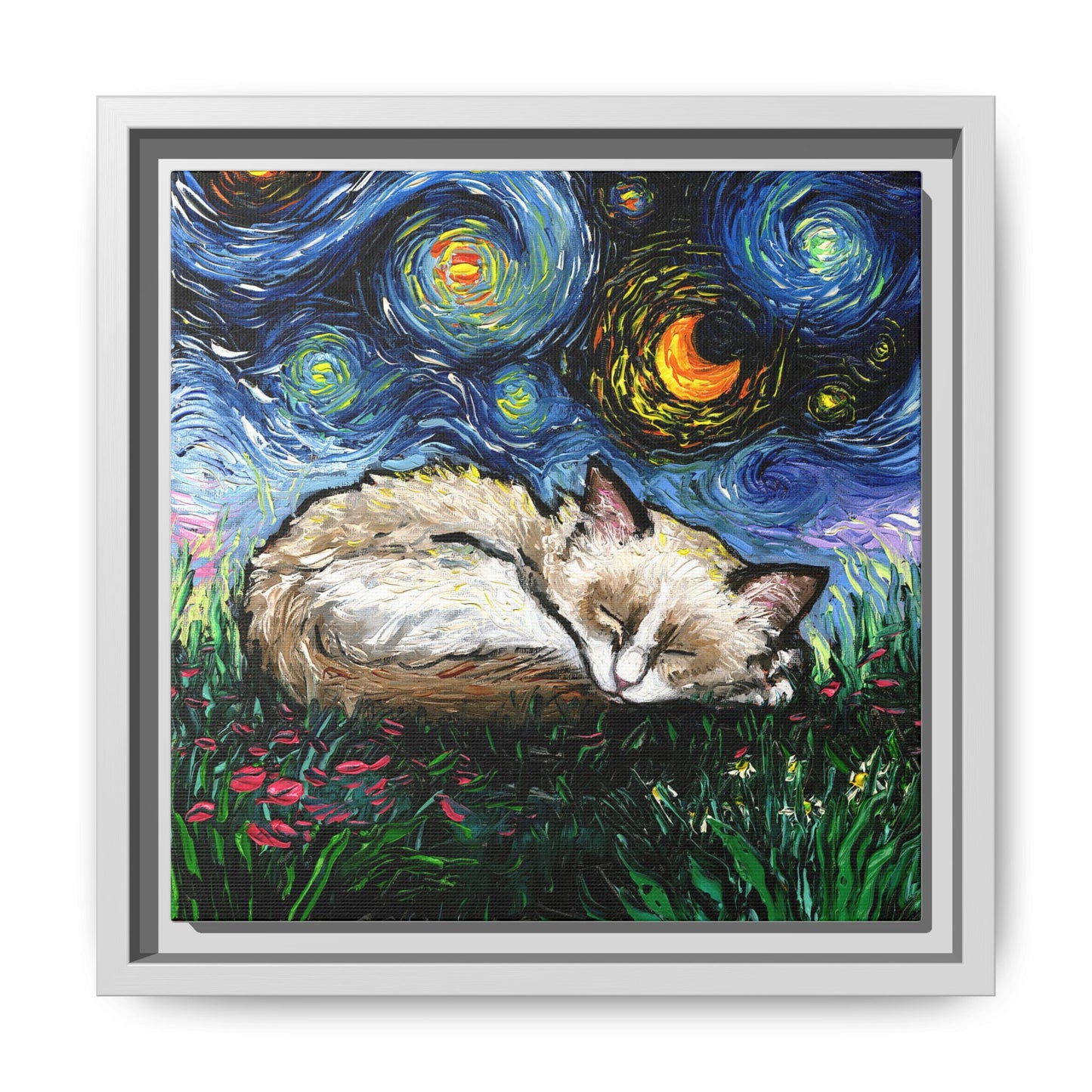 "Sleepy Ragdoll Kitten Night" Framed Canvas Wall Art