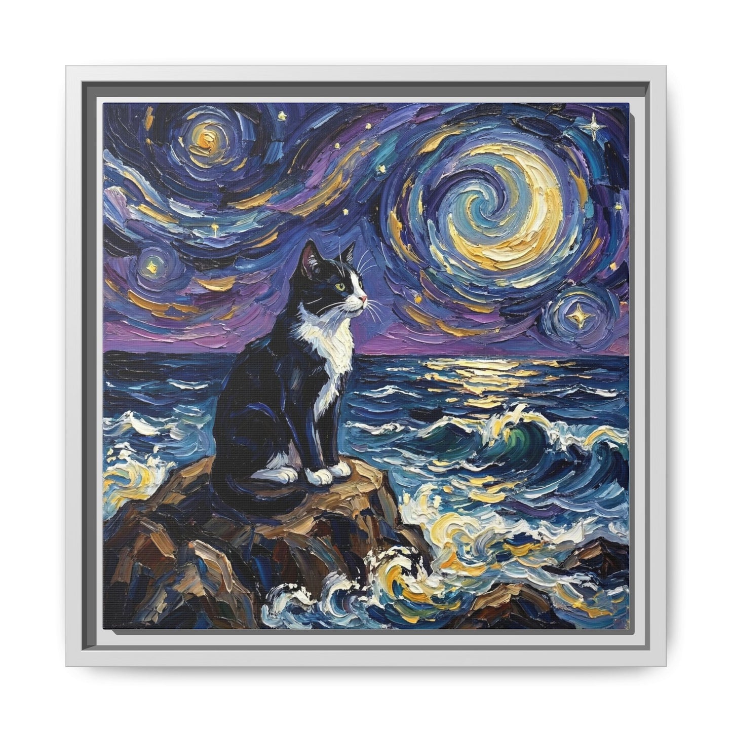 "Beach Night - Tuxedo Cat" Framed Canvas Wall Art