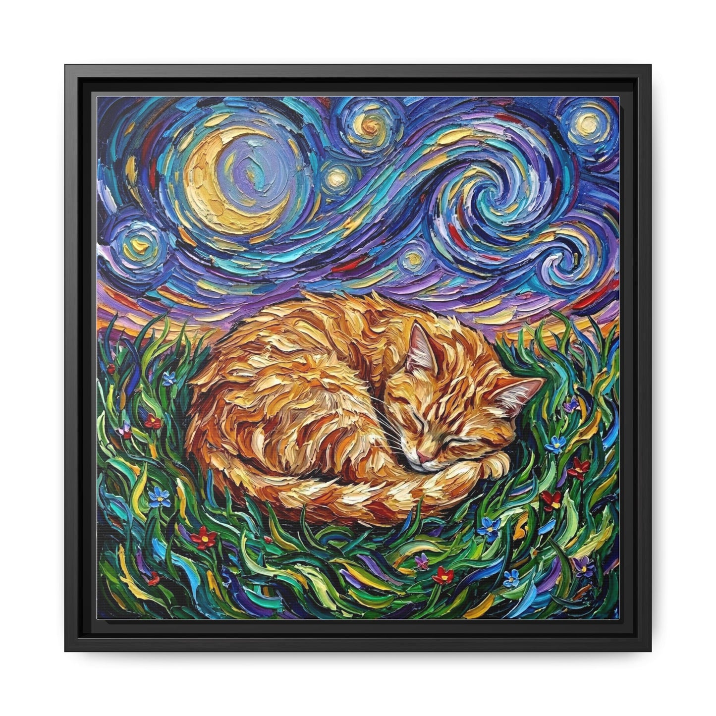 "Sleepy Orange Tabby Night" Framed Canvas Wall Art