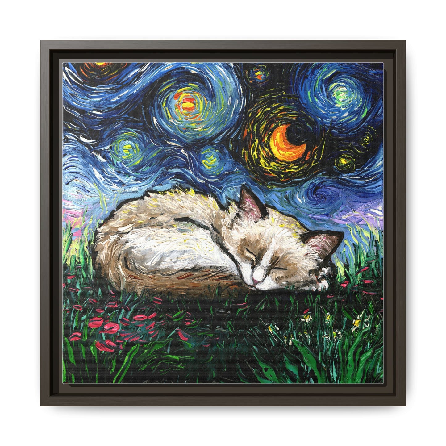 "Sleepy Ragdoll Kitten Night" Framed Canvas Wall Art