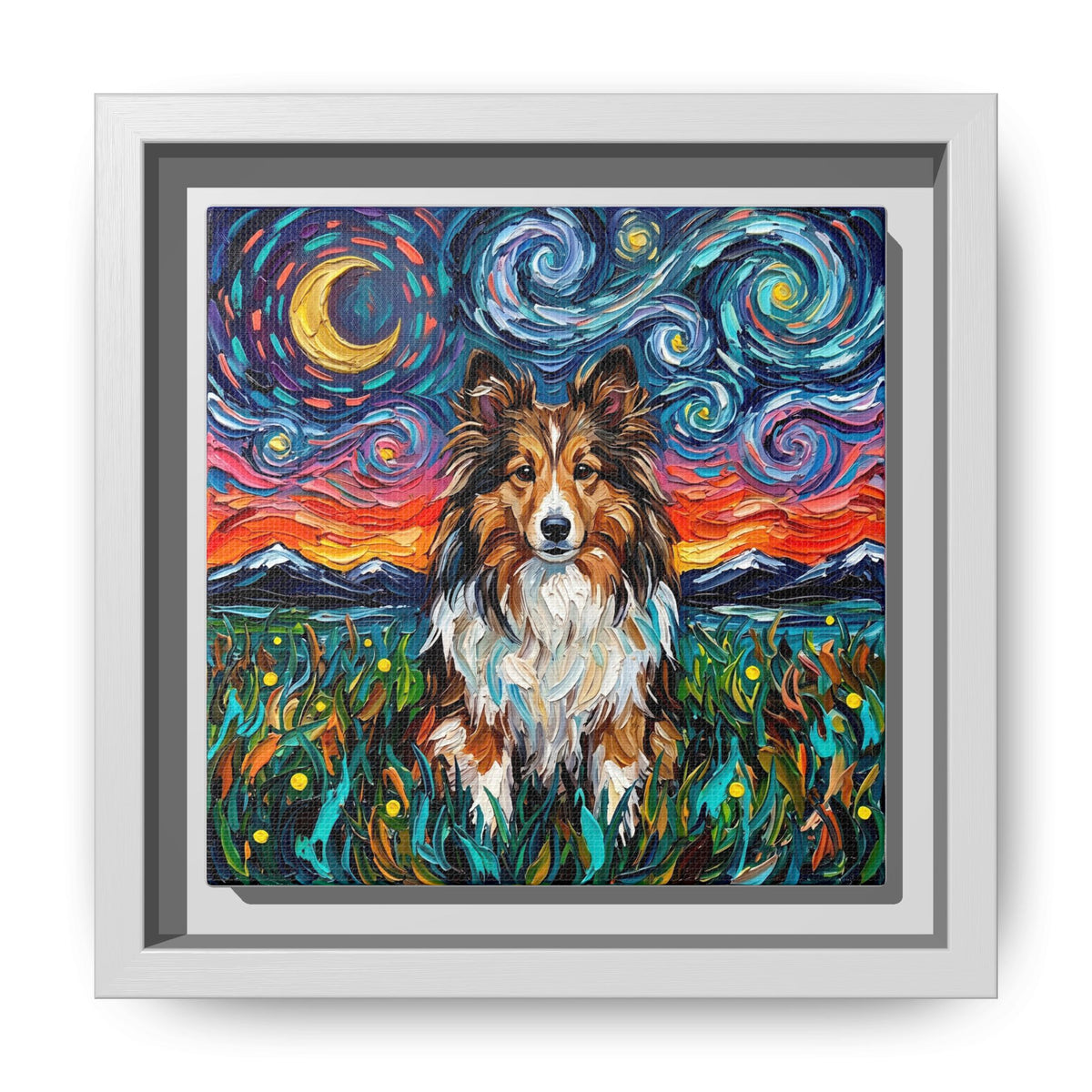 "Sheltie Night 2" Framed Canvas Wall Art