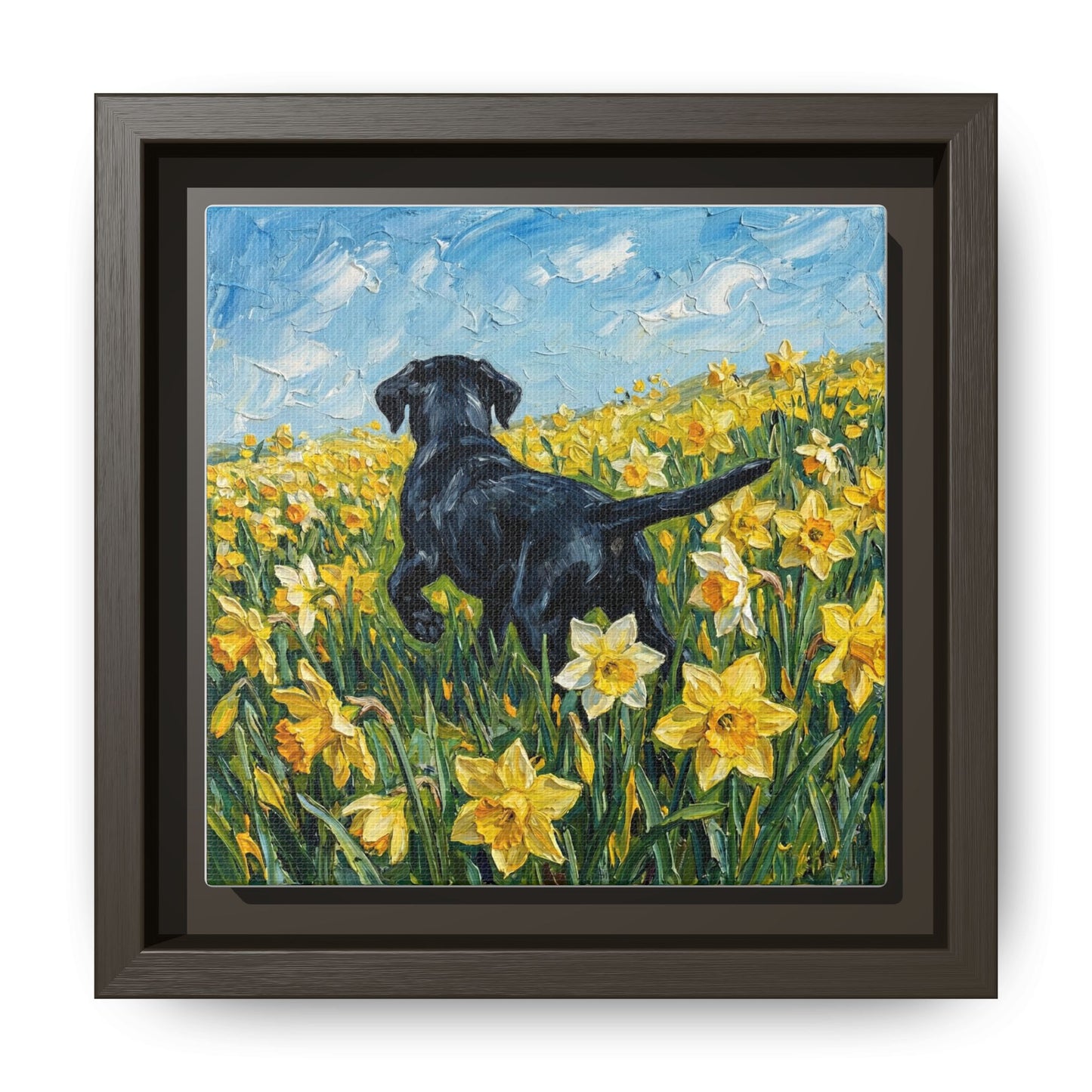 "Amongst The Flowers - Black Labrador" Framed Canvas Wall Art