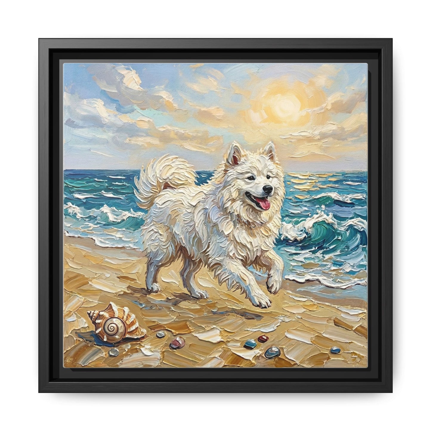 "Beach Day - Samoyed" Framed Canvas Wall Art