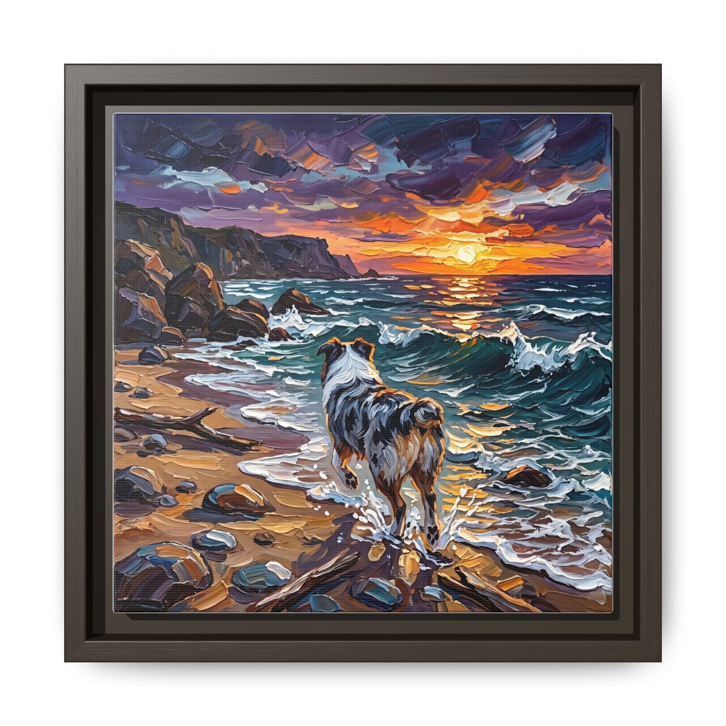 "Beach Day - Merle Aussie Shepherd" Framed Canvas Wall Art