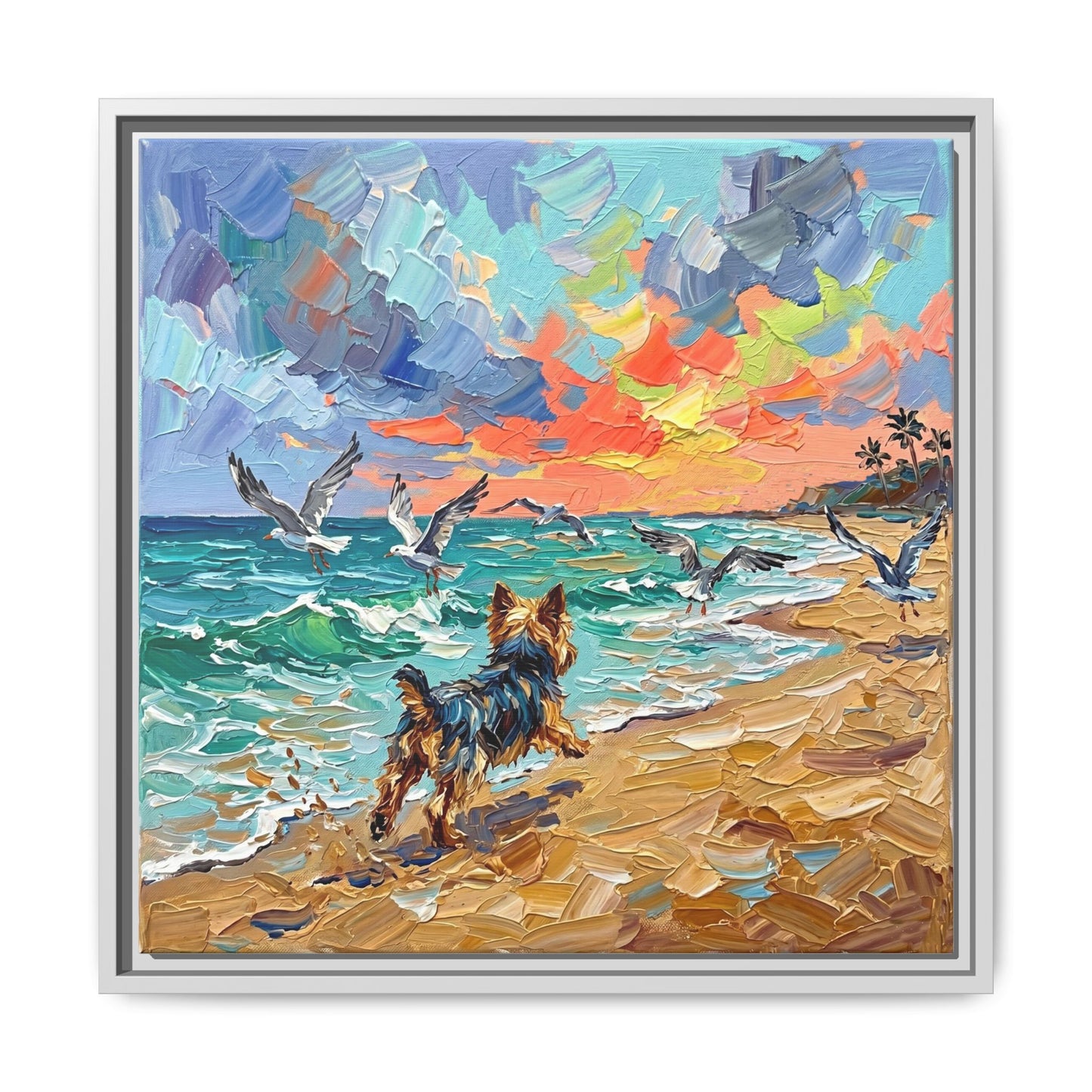 "Beach Day - Yorkie 2" Framed Canvas Wall Art