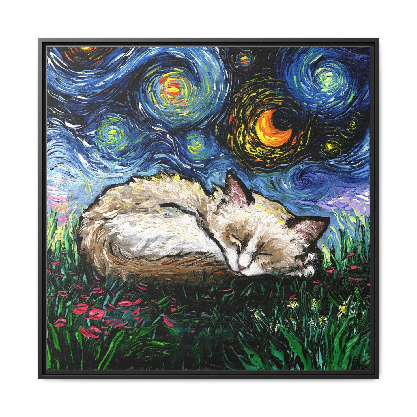 "Sleepy Ragdoll Kitten Night" Framed Canvas Wall Art