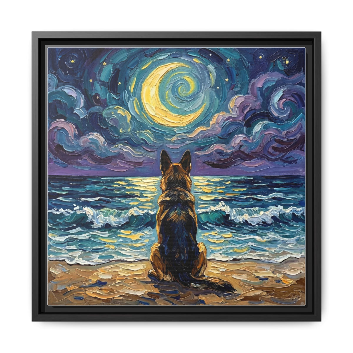 "Beach Night - German Shepherd" Framed Canvas Wall Art