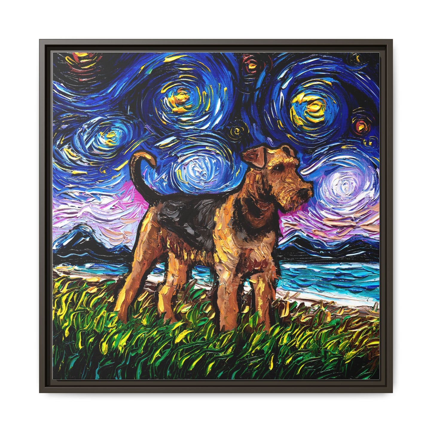 "Airedale Terrier Night" Framed Canvas Wall Art