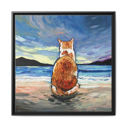 "Beach Day - Orange and White Tabby Cat" Framed Canvas Wall Art